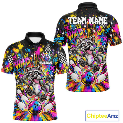 Funny Skunk Bowling Polo 1/4-Zip Shirt For Men Colorful Splatter Graffiti Bowling Team League NYN4651