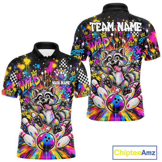Funny Raccoon Bowling Polo 1/4-Zip Shirt For Men Colorful Splatter Graffiti Bowling Team League NYN4650