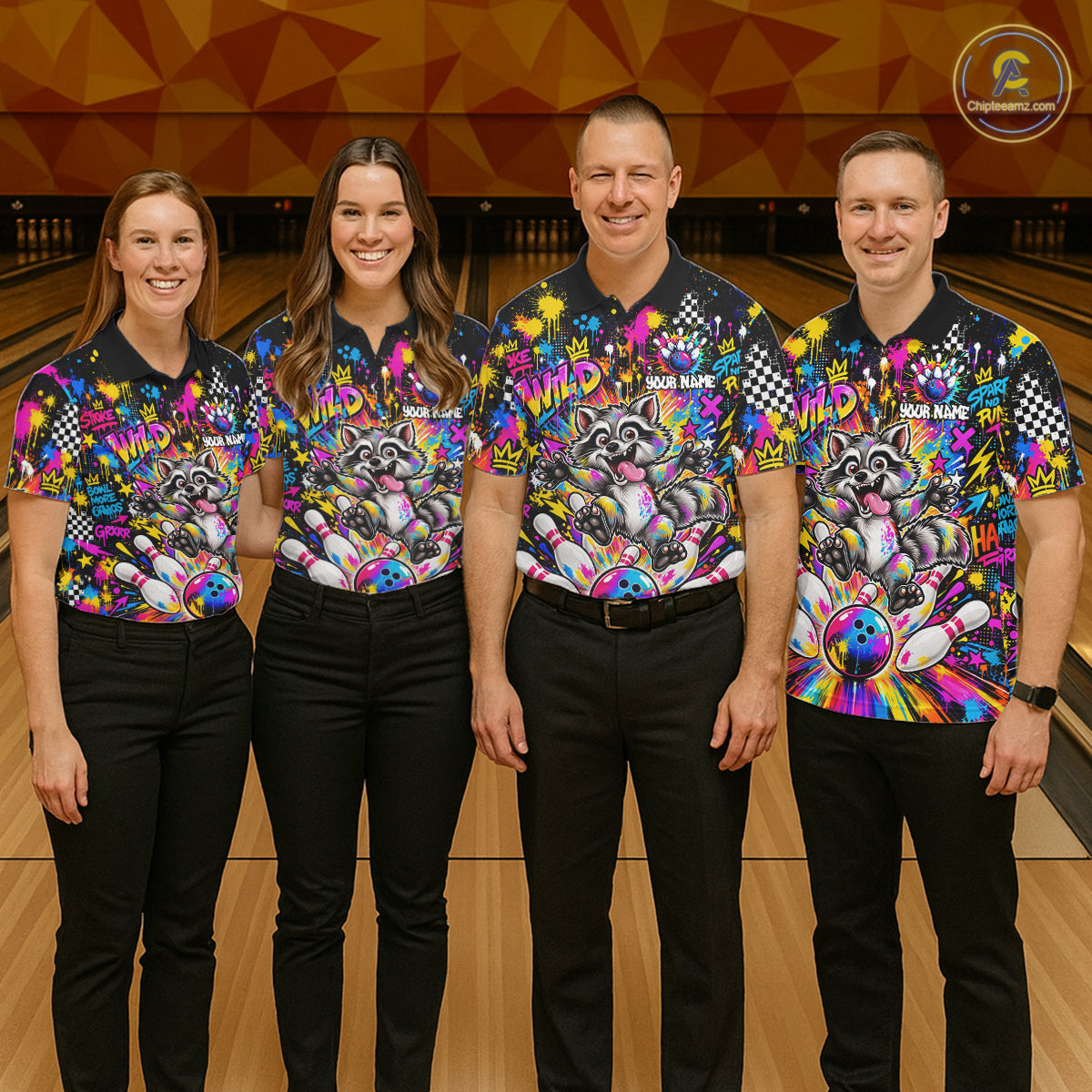 Funny Raccoon Bowling Polo 1/4-Zip Shirt For Men Colorful Splatter Graffiti Bowling Team League NYN4650
