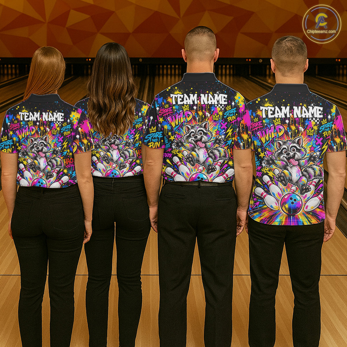 Funny Raccoon Bowling Polo 1/4-Zip Shirt For Men Colorful Splatter Graffiti Bowling Team League NYN4650