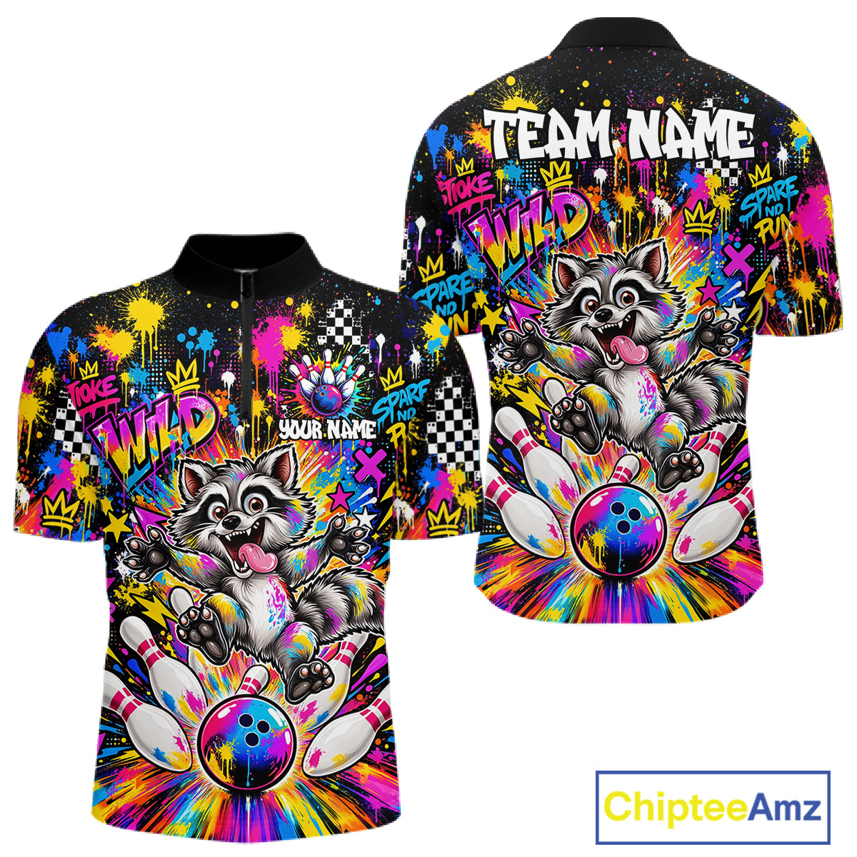 Funny Raccoon Bowling Polo 1/4-Zip Shirt For Men Colorful Splatter Graffiti Bowling Team League NYN4650