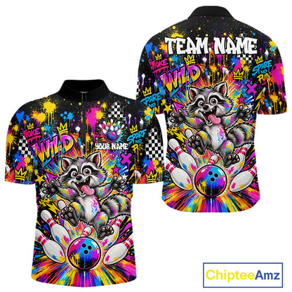 Funny Raccoon Bowling Polo 1/4-Zip Shirt For Men Colorful Splatter Graffiti Bowling Team League NYN4650