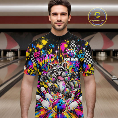 Funny Raccoon Bowling Polo 1/4-Zip Shirt For Men Colorful Splatter Graffiti Bowling Team League NYN4650