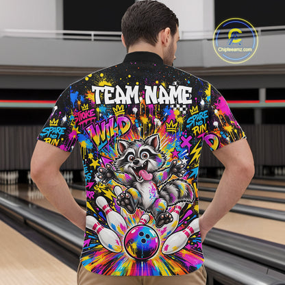 Funny Raccoon Bowling Polo 1/4-Zip Shirt For Men Colorful Splatter Graffiti Bowling Team League NYN4650