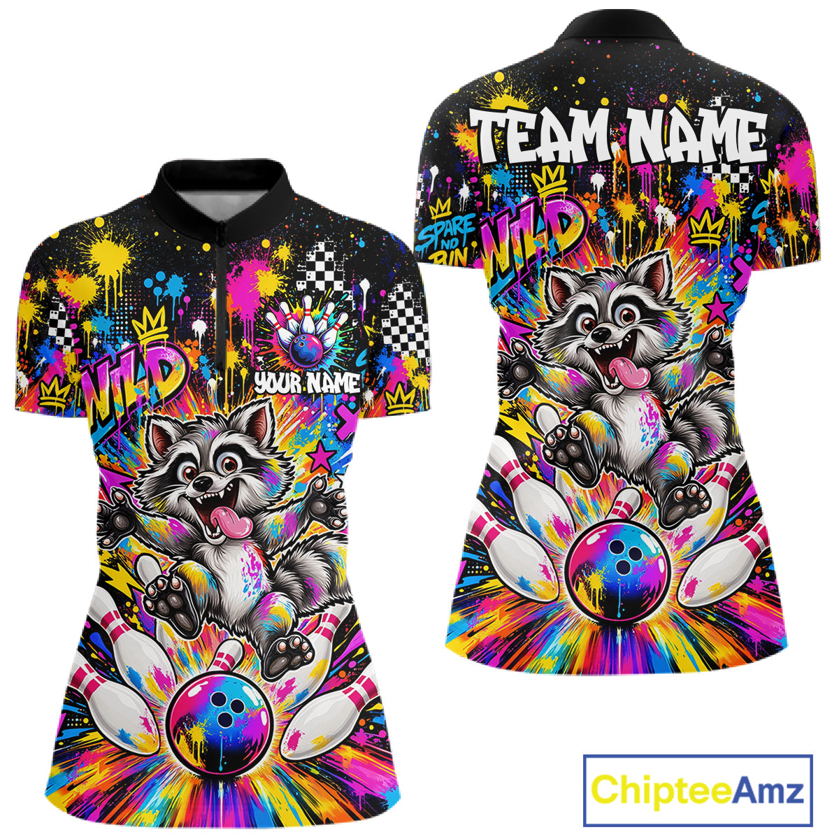 Funny Raccoon Bowling Polo 1/4-Zip Shirt For Women Colorful Splatter Graffiti Bowling Team League NYN4650