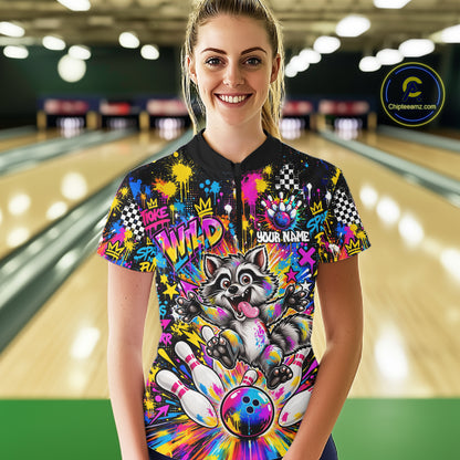 Funny Raccoon Bowling Polo 1/4-Zip Shirt For Women Colorful Splatter Graffiti Bowling Team League NYN4650