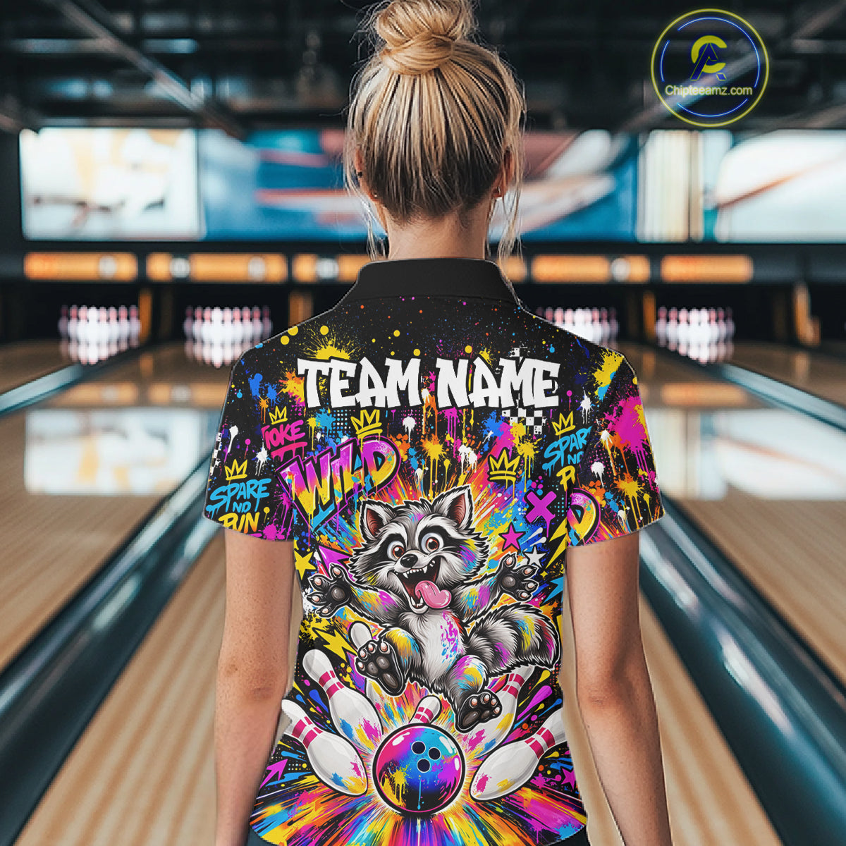 Funny Raccoon Bowling Polo 1/4-Zip Shirt For Women Colorful Splatter Graffiti Bowling Team League NYN4650