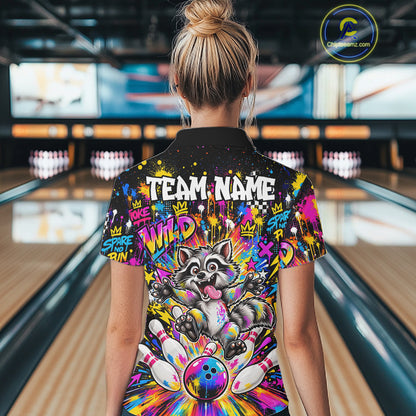 Funny Raccoon Bowling Polo 1/4-Zip Shirt For Women Colorful Splatter Graffiti Bowling Team League NYN4650