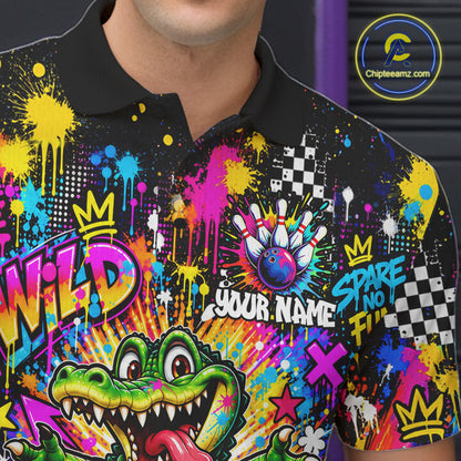 Funny Skunk Bowling Polo 1/4-Zip Shirt For Men Colorful Splatter Graffiti Bowling Team League NYN4651