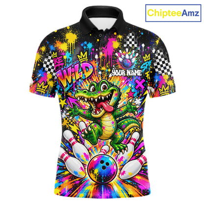 Funny Skunk Bowling Polo 1/4-Zip Shirt For Men Colorful Splatter Graffiti Bowling Team League NYN4651