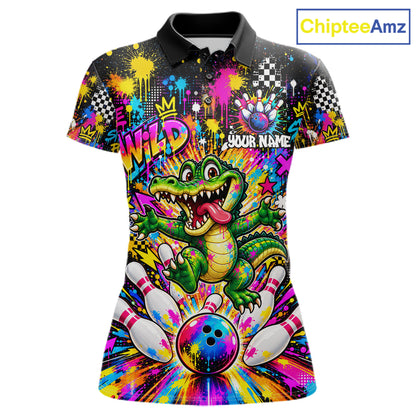 Funny Skunk Bowling Polo 1/4-Zip Shirt For Women Colorful Splatter Graffiti Bowling Team League NYN4651