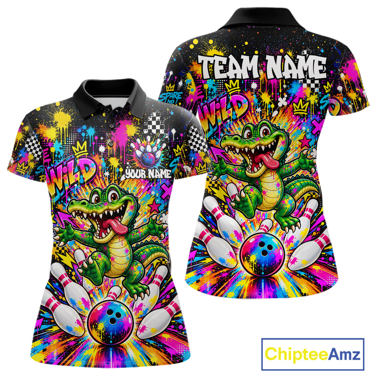 Funny Skunk Bowling Polo 1/4-Zip Shirt For Women Colorful Splatter Graffiti Bowling Team League NYN4651