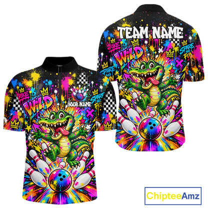 Funny Skunk Bowling Polo 1/4-Zip Shirt For Men Colorful Splatter Graffiti Bowling Team League NYN4651