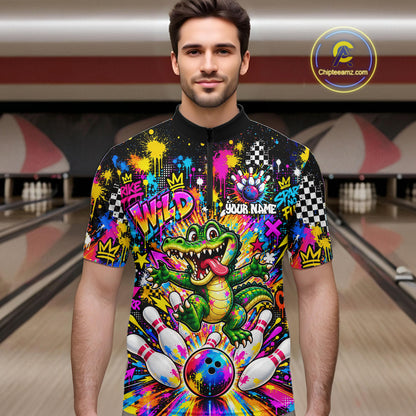 Funny Skunk Bowling Polo 1/4-Zip Shirt For Men Colorful Splatter Graffiti Bowling Team League NYN4651