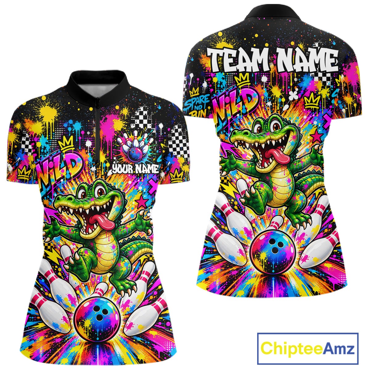 Funny Skunk Bowling Polo 1/4-Zip Shirt For Women Colorful Splatter Graffiti Bowling Team League NYN4651