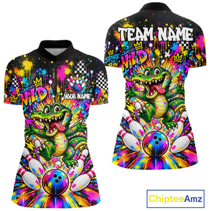 Funny Skunk Bowling Polo 1/4-Zip Shirt For Women Colorful Splatter Graffiti Bowling Team League NYN4651