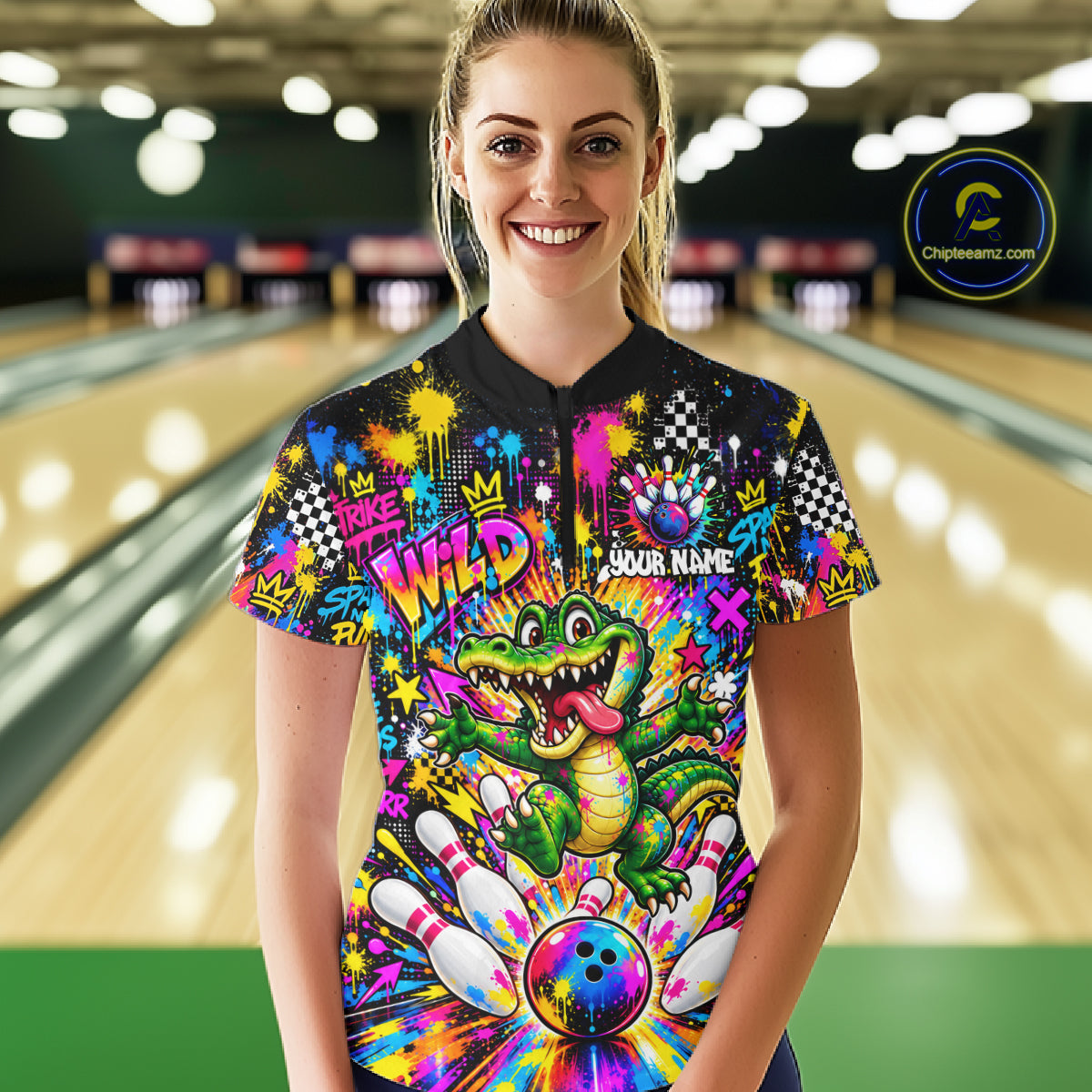 Funny Skunk Bowling Polo 1/4-Zip Shirt For Women Colorful Splatter Graffiti Bowling Team League NYN4651