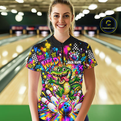 Funny Skunk Bowling Polo 1/4-Zip Shirt For Women Colorful Splatter Graffiti Bowling Team League NYN4651