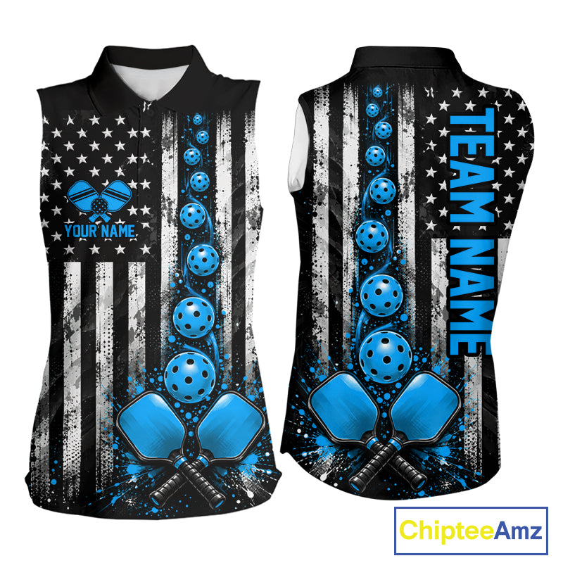 Personalized Blue Pickleball Sleeveless Polo Shirt Women Patriotic US Flag Pickleball Paddle Pickleball Jersey NYN5007
