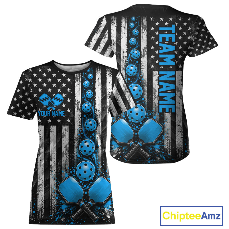 Personalized Blue Pickleball Shirt For Women Patriotic US Flag Pickleball Paddle Pickleball Jersey NYN5007