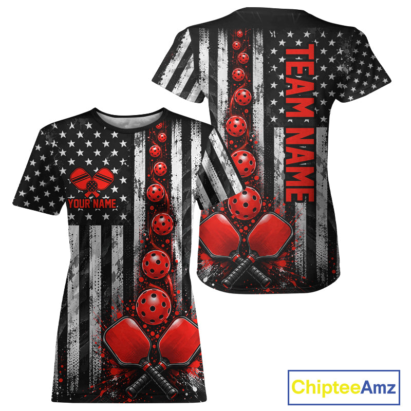 Personalized Red Pickleball Shirt For Women Patriotic US Flag Pickleball Paddle Pickleball Jersey NYN5008