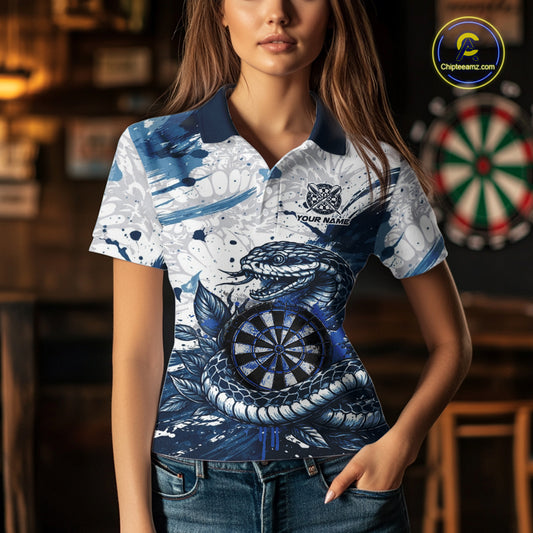 Custom White And Blue Splatter Cobra Dartboard Women Darts Polo Shirts Grunge Dart Jerseys NYN2269