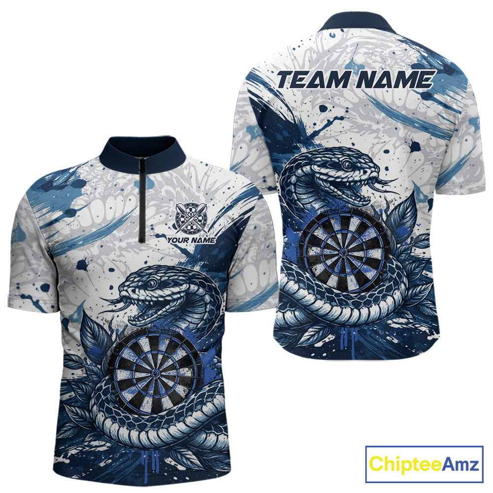 Custom White And Blue Splatter Cobra Dartboard Men Darts Quarter-Zip Shirts Grunge Dart Jerseys NYN2269