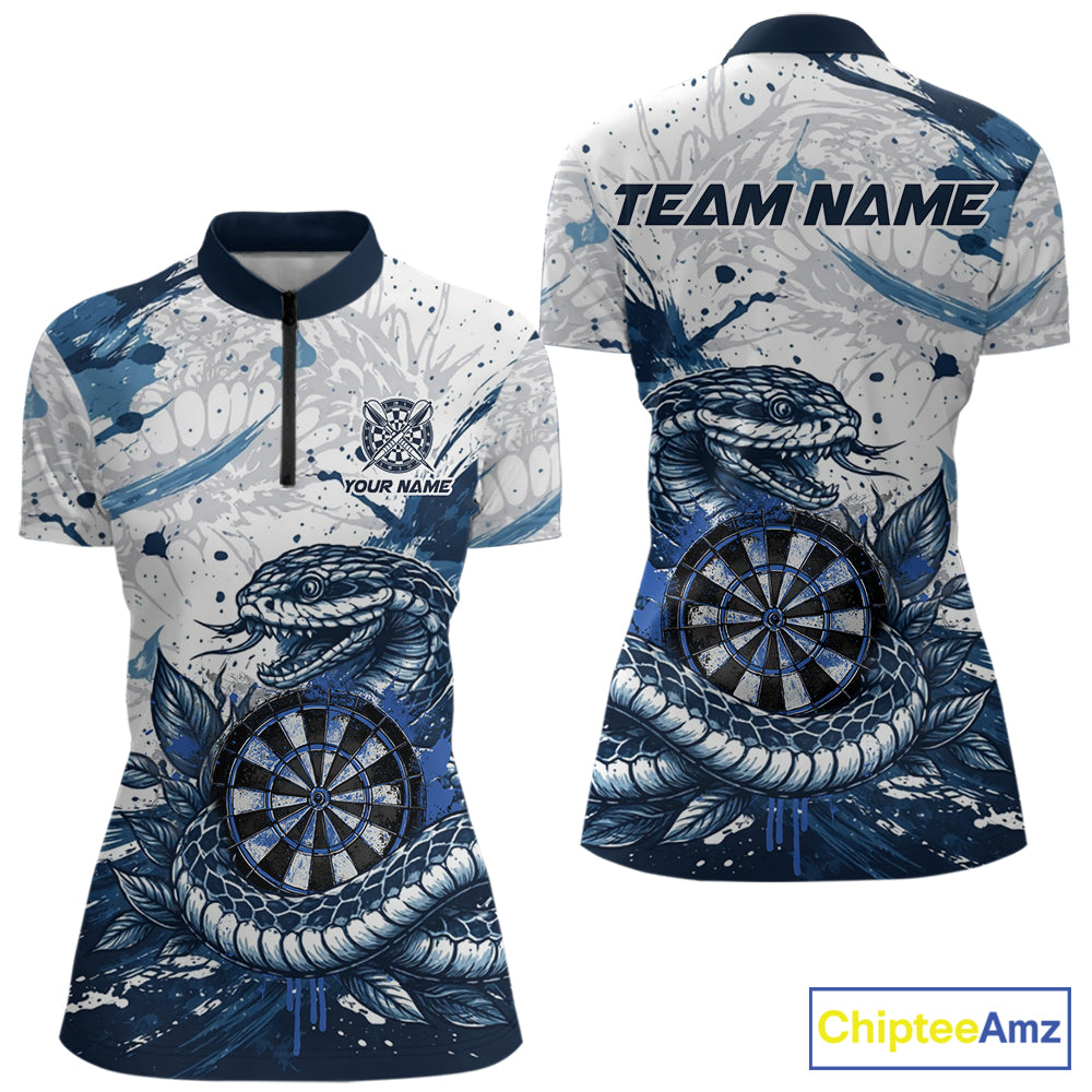 Custom White And Blue Splatter Cobra Dartboard Women Darts Quarter-Zip Shirts Grunge Dart Jerseys NYN2269