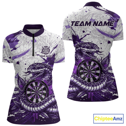 Custom White And Purple Splatter Cobra Dartboard Women Darts Quarter-Zip Shirts Grunge Dart Jerseys NYN2270