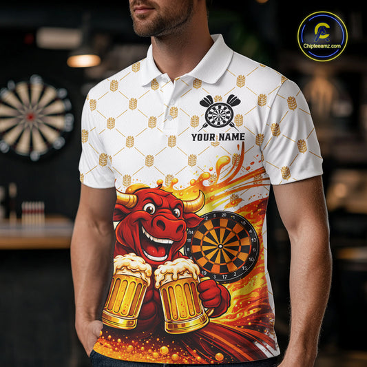 Bull & Cheer Beers Dartboard Custom Funny Darts Polo Shirts Men Dart Team Jerseys | White NYN2273
