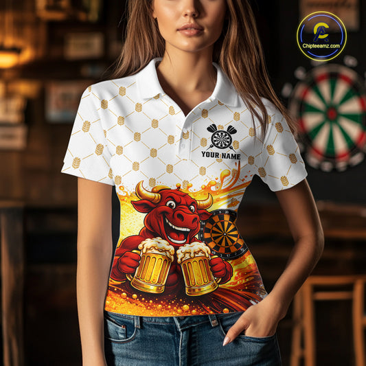 Bull & Cheer Beers Dartboard Custom Funny Darts Polo Shirts Women Dart Team Jerseys | White NYN2273