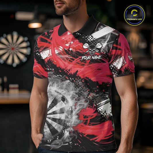 Red & Grey Smokes Dartboard Custom Men Darts Polo Shirts Grunge Dart League Jerseys NYN2279