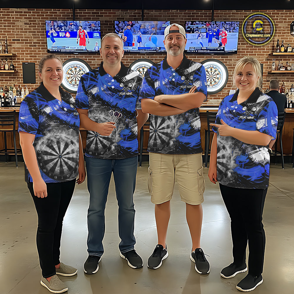 Blue & Grey Smokes Dartboard Custom Women Darts Polo Shirts Grunge Dart League Jerseys NYN2280