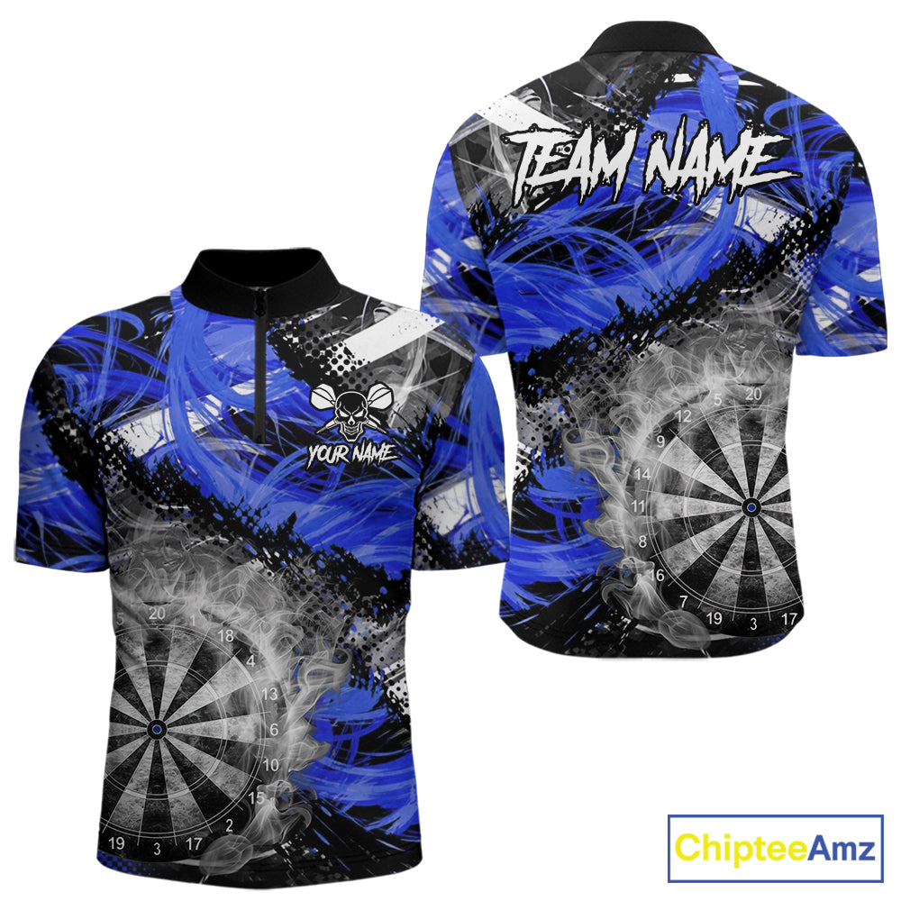 Blue & Grey Smokes Dartboard Custom Men Darts Quarter-Zip Shirts Grunge Dart League Jerseys NYN2280