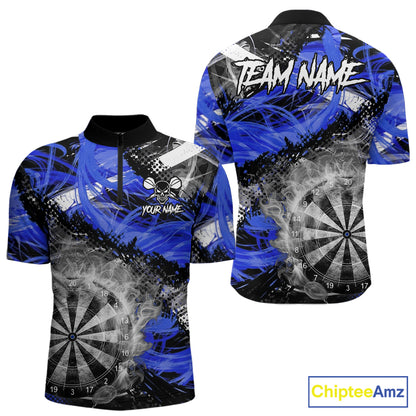 Blue & Grey Smokes Dartboard Custom Men Darts Quarter-Zip Shirts Grunge Dart League Jerseys NYN2280