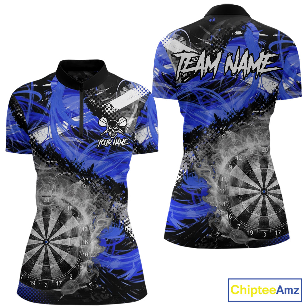 Blue & Grey Smokes Dartboard Custom Women Darts Quarter-Zip Shirts Grunge Dart League Jerseys NYN2280