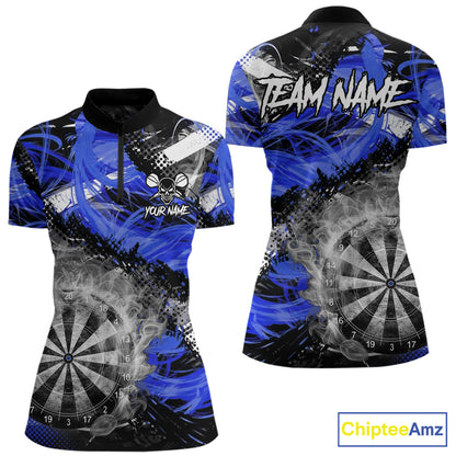 Blue & Grey Smokes Dartboard Custom Women Darts Quarter-Zip Shirts Grunge Dart League Jerseys NYN2280