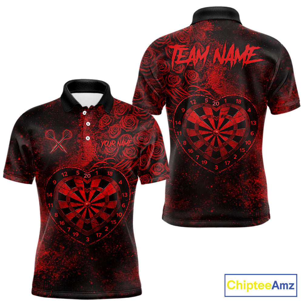 Red Grunge Roses Heart Dartboard Men Darts Valentine Shirt Custom Dart Polo Couple Gifts NYN2573