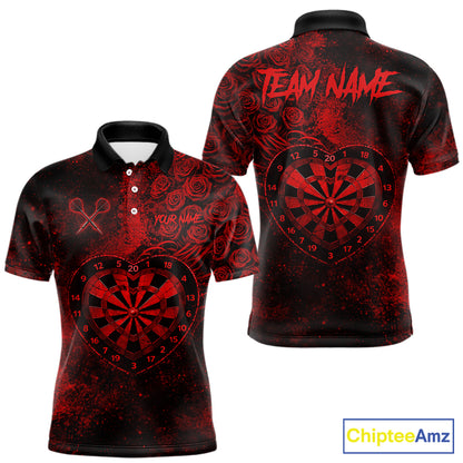 Red Grunge Roses Heart Dartboard Men Darts Valentine Shirt Custom Dart Polo Couple Gifts NYN2573