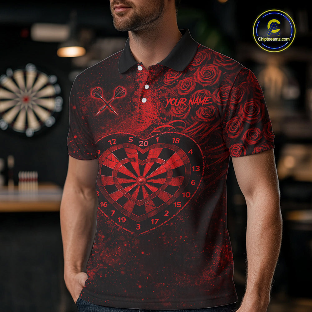 Red Grunge Roses Heart Dartboard Men Darts Valentine Shirt Custom Dart Polo Couple Gifts NYN2573