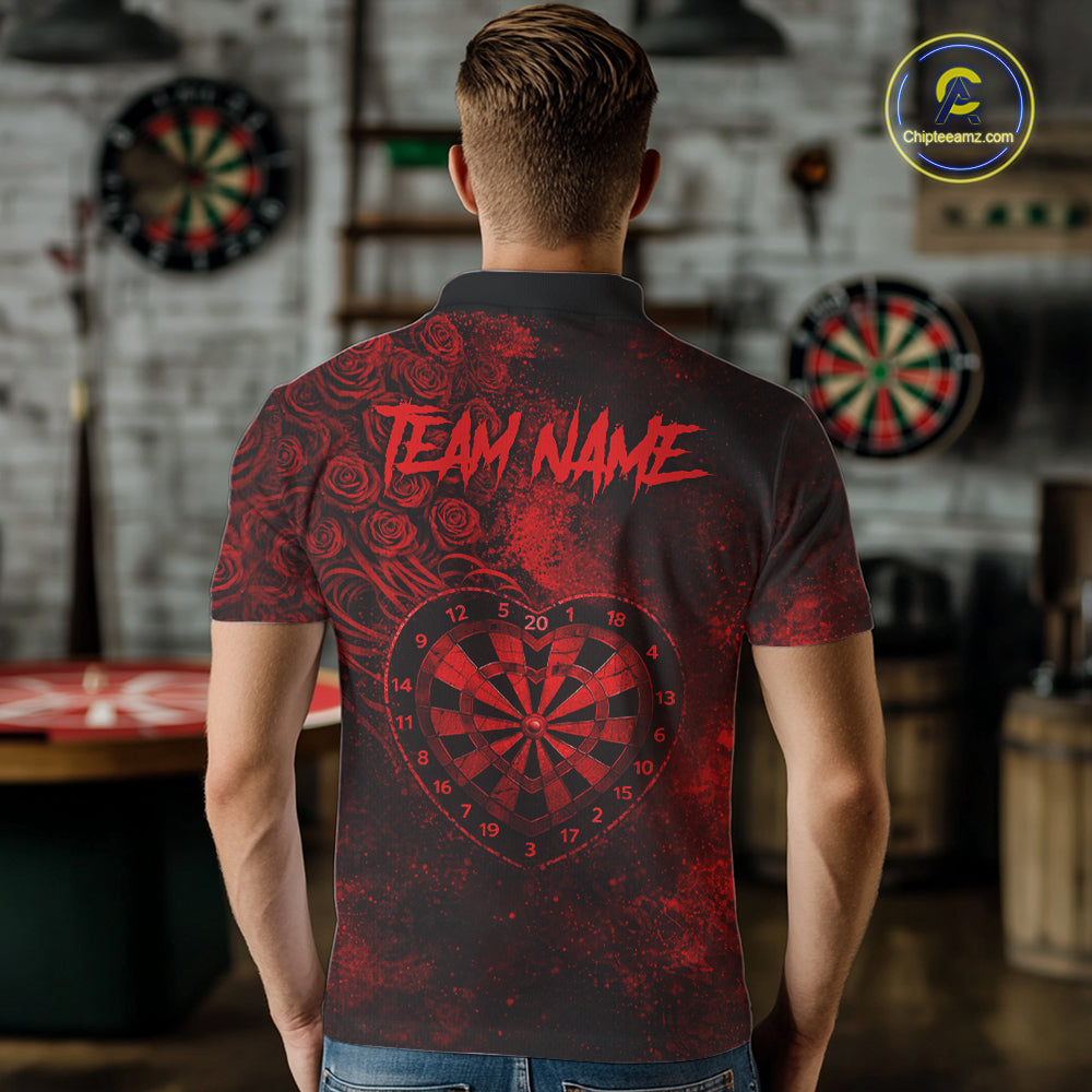 Red Grunge Roses Heart Dartboard Men Darts Valentine Shirt Custom Dart Polo Couple Gifts NYN2573
