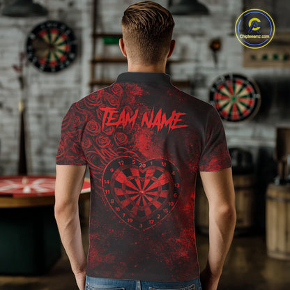 Red Grunge Roses Heart Dartboard Men Darts Valentine Shirt Custom Dart Polo Couple Gifts NYN2573