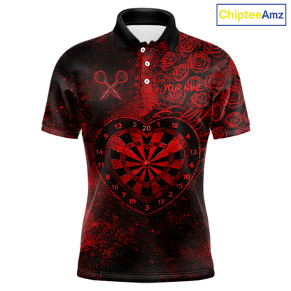 Red Grunge Roses Heart Dartboard Men Darts Valentine Shirt Custom Dart Polo Couple Gifts NYN2573