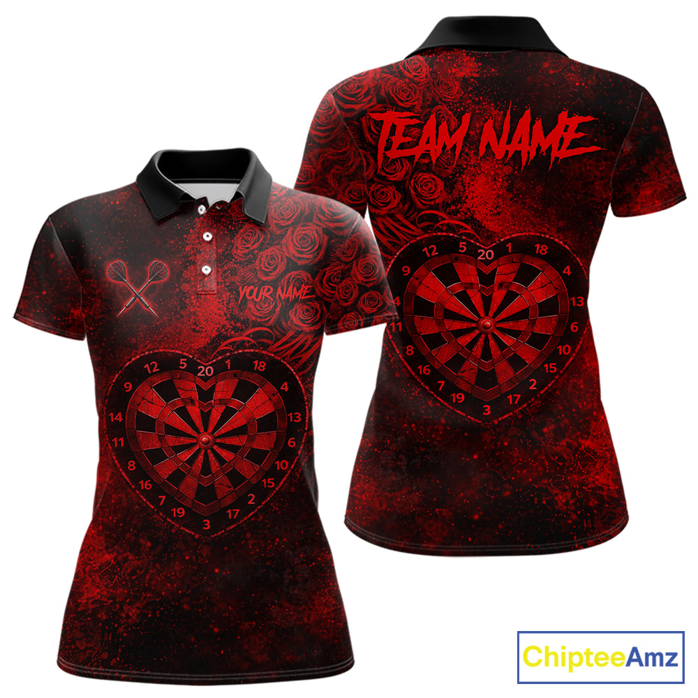 Red Grunge Roses Heart Dartboard Women Darts Valentine Shirt Custom Dart Polo Couple Gifts NYN2573