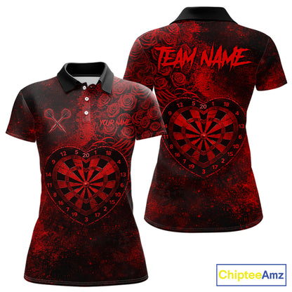 Red Grunge Roses Heart Dartboard Women Darts Valentine Shirt Custom Dart Polo Couple Gifts NYN2573