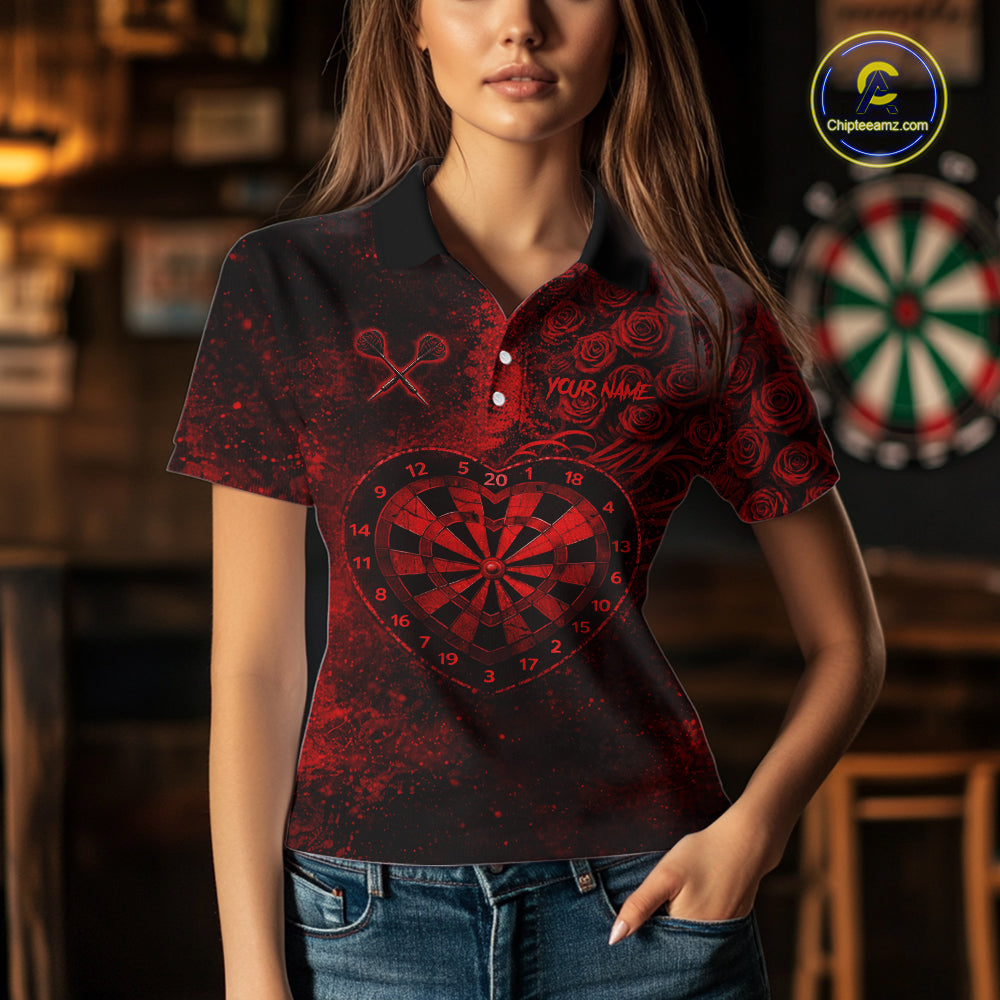 Red Grunge Roses Heart Dartboard Women Darts Valentine Shirt Custom Dart Polo Couple Gifts NYN2573