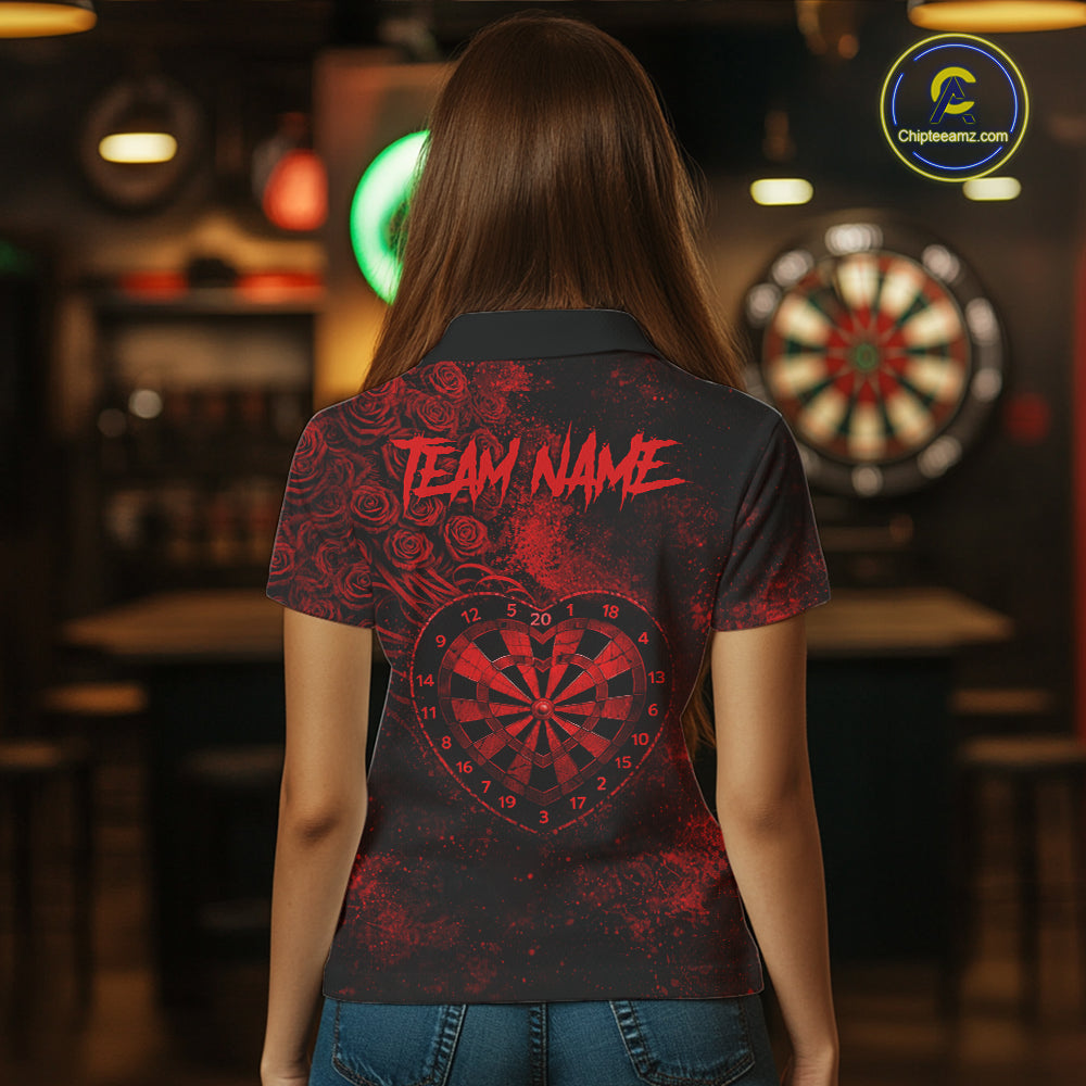 Red Grunge Roses Heart Dartboard Women Darts Valentine Shirt Custom Dart Polo Couple Gifts NYN2573