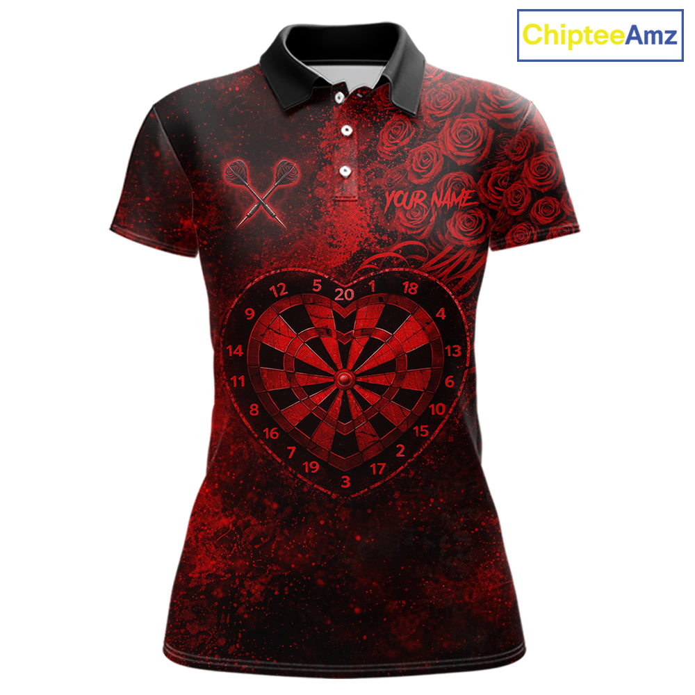Red Grunge Roses Heart Dartboard Women Darts Valentine Shirt Custom Dart Polo Couple Gifts NYN2573
