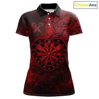 Red Grunge Roses Heart Dartboard Women Darts Valentine Shirt Custom Dart Polo Couple Gifts NYN2573