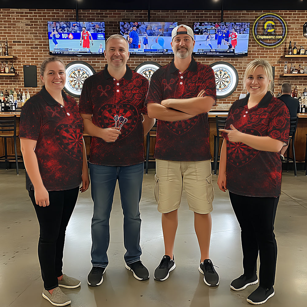 Red Grunge Roses Heart Dartboard Men Darts Valentine Shirt Custom Dart Quarter-Zip Couple Gifts NYN2573